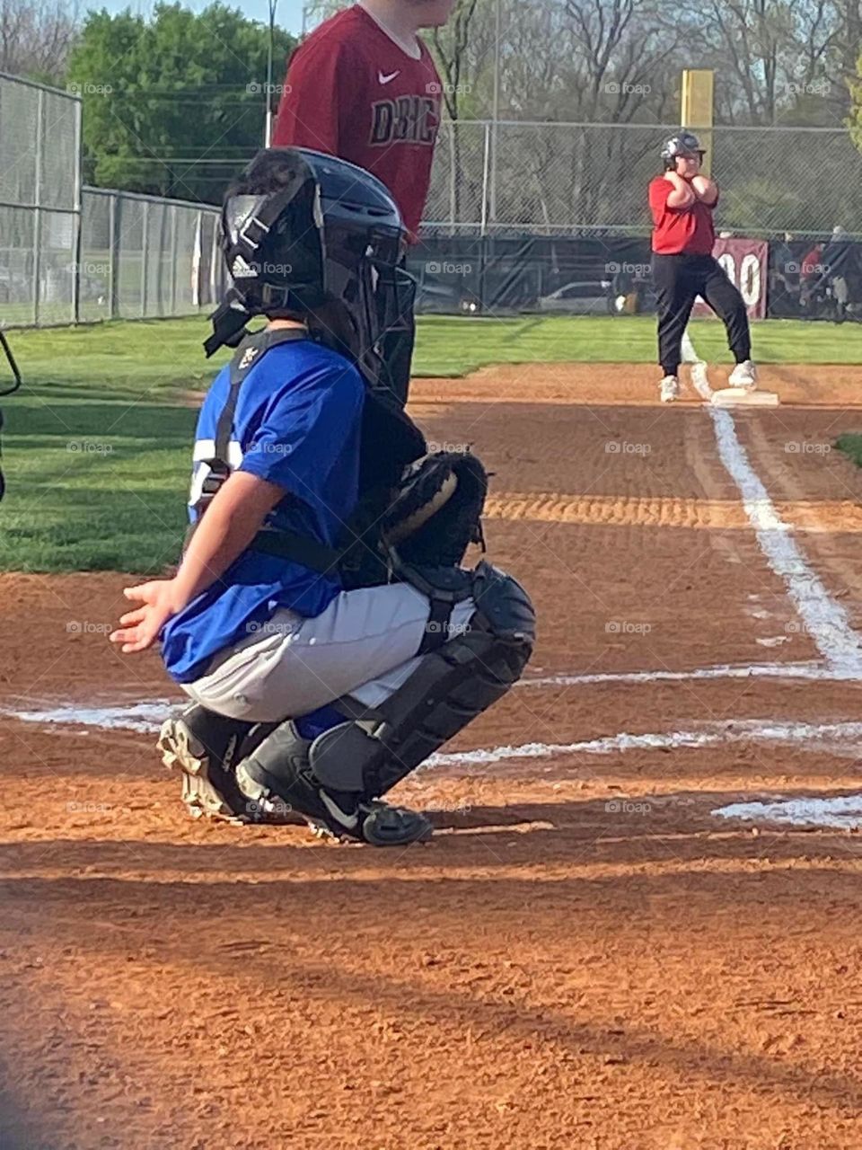 A youth baseball catcher focuses intently on the ball being pitched. The catcher wears a royal blue and light grey uniform with black cleats and catcher’s equipment. 