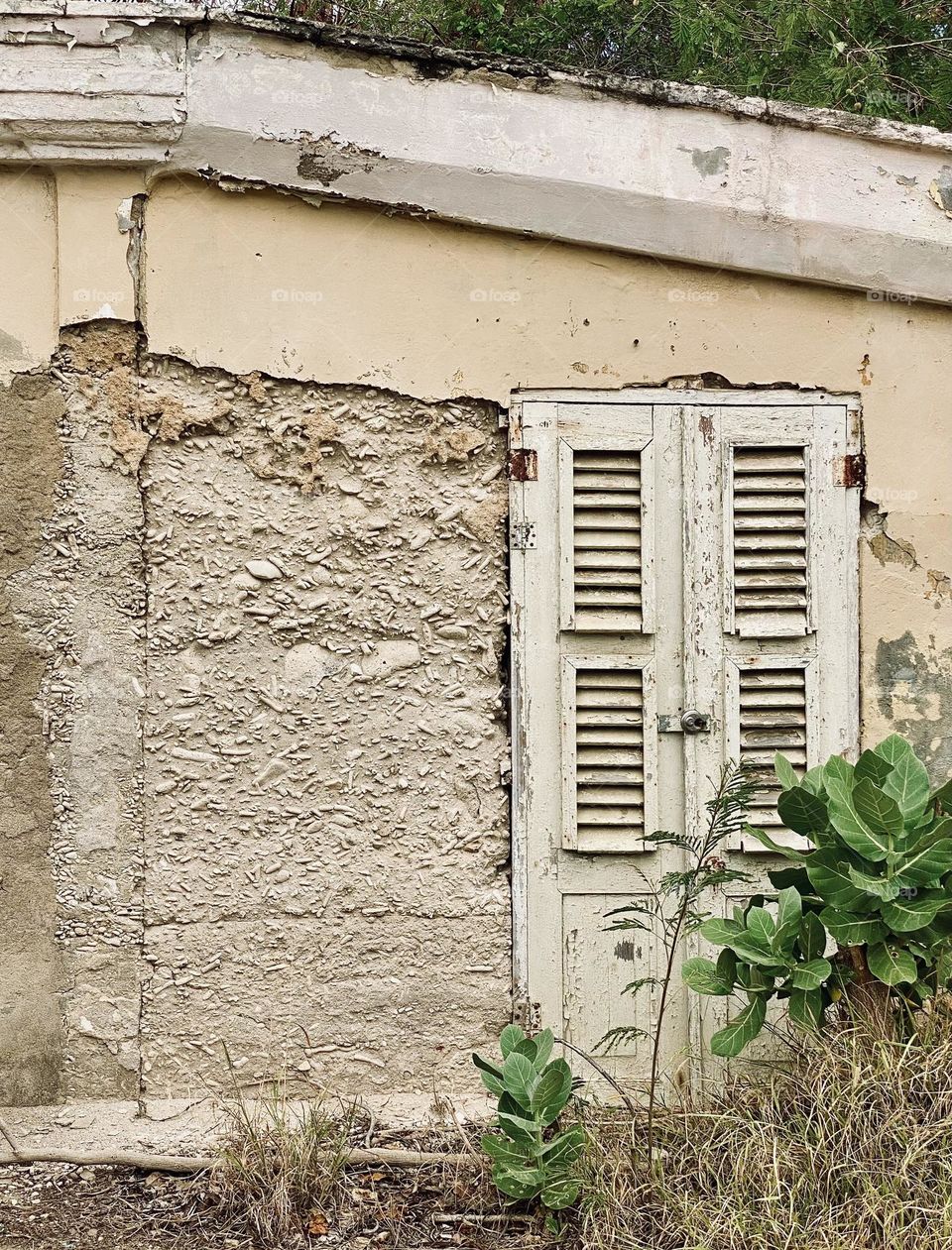 A door in a house with chipping paint that shows the concrete made from coral underneath