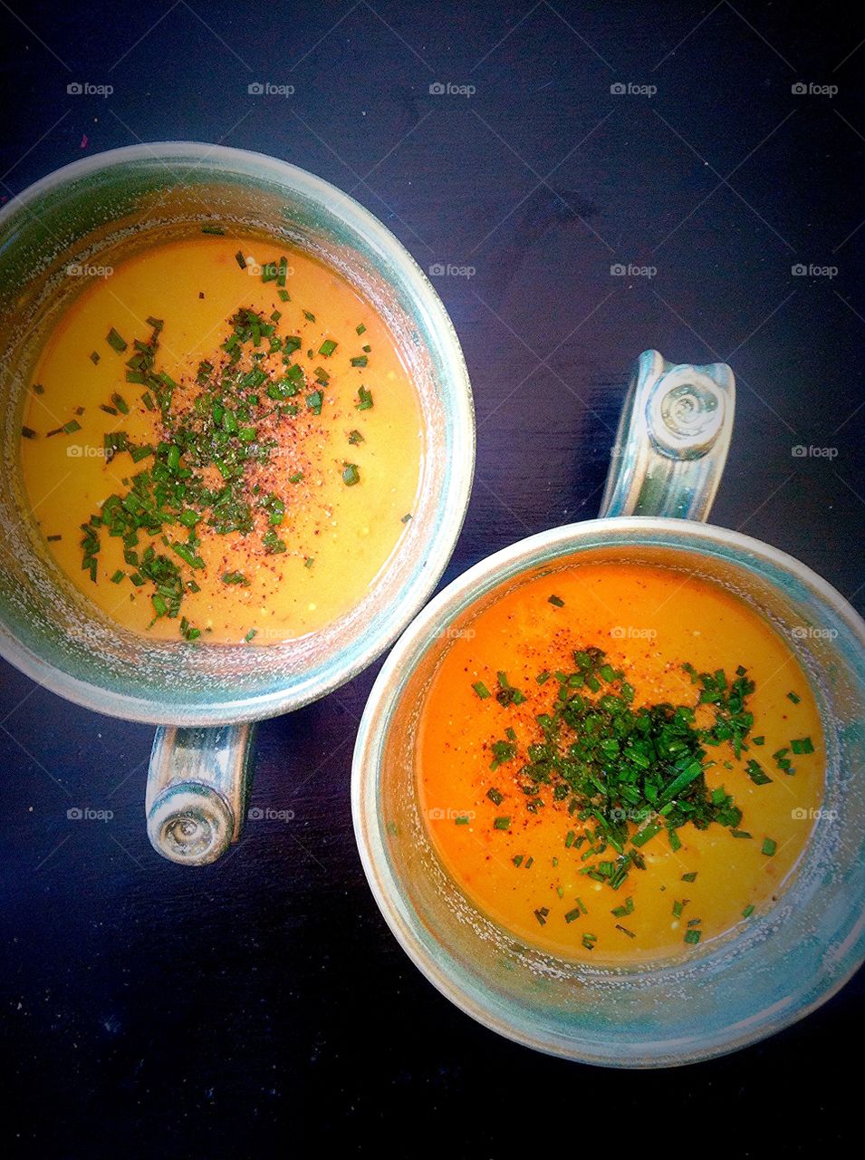 Bowl of soup. Gazpacho in ceramic soup mug
