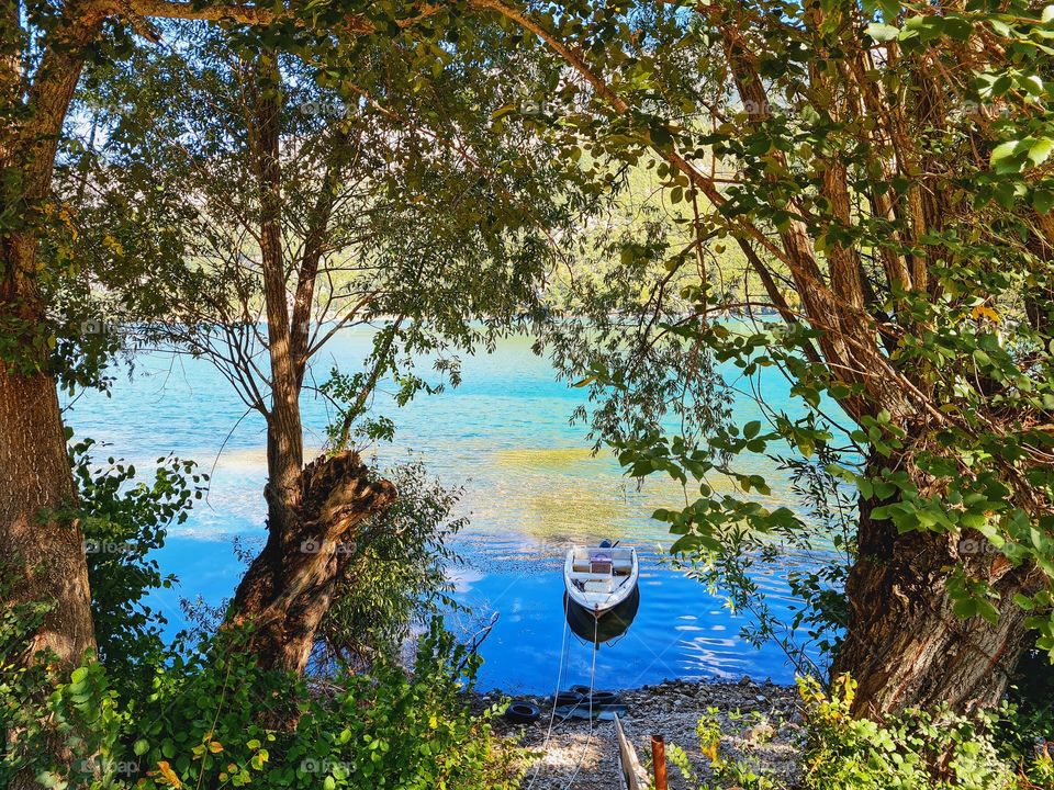 wonderful view of the lake of Scanno with a small boat