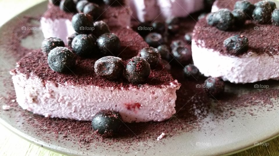 Frozen raw food vegan cake with blueberries