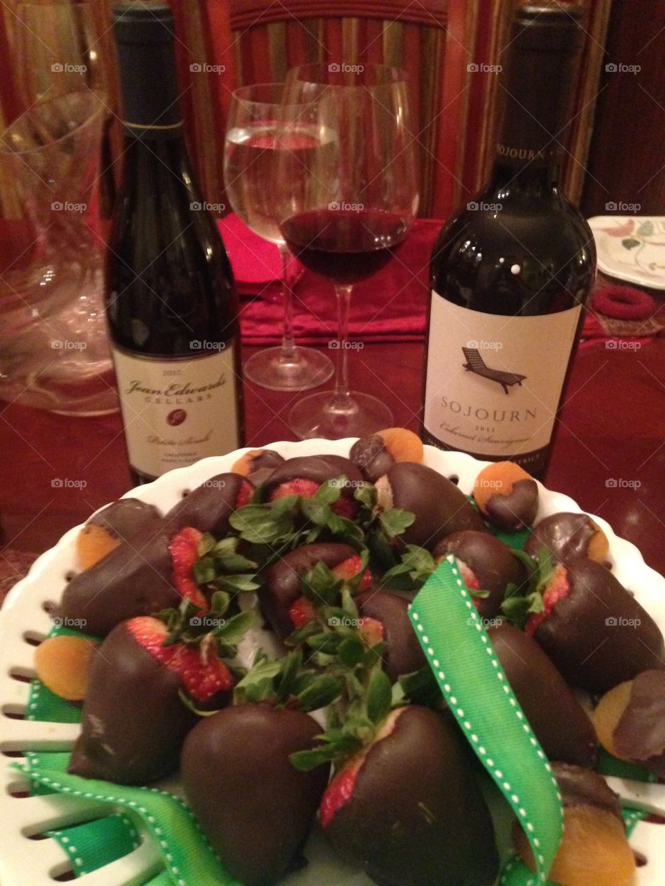 Chocolate covered strawberries with Cabernet Sauvignon. 