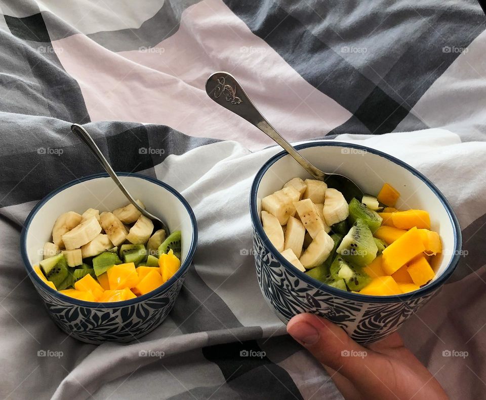 Fresh fruit salad for breakfast in bed 