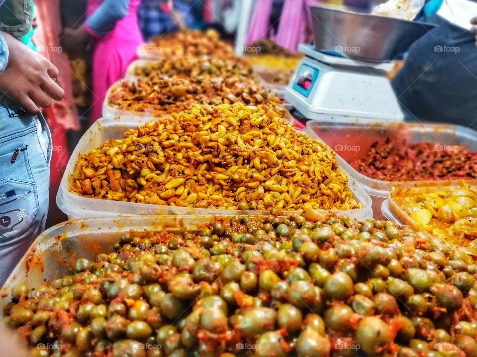 Tasty Garlic pickles stall in Indian market ready for sell.