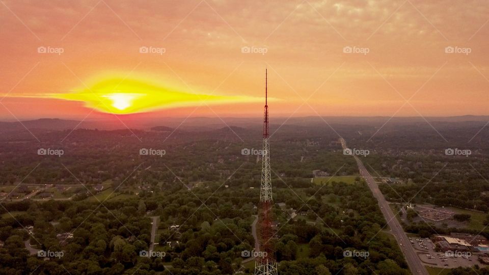 Sunrise behind the 808 foot WSM tower outside of Nashville 