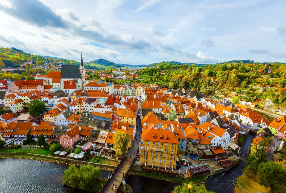 Cesky Krumlov cityscape in fall