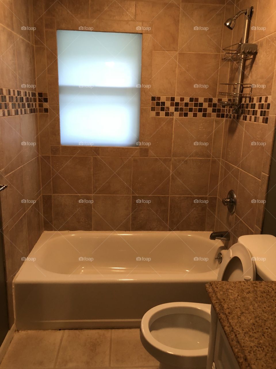 Beautiful bathroom with a fogged window. New home excitement! 