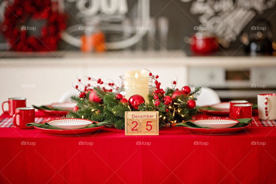 Christmas background with wooden block calendar with the date of December 25