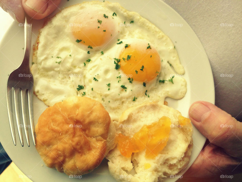 Breakfast of eggs and biscuit