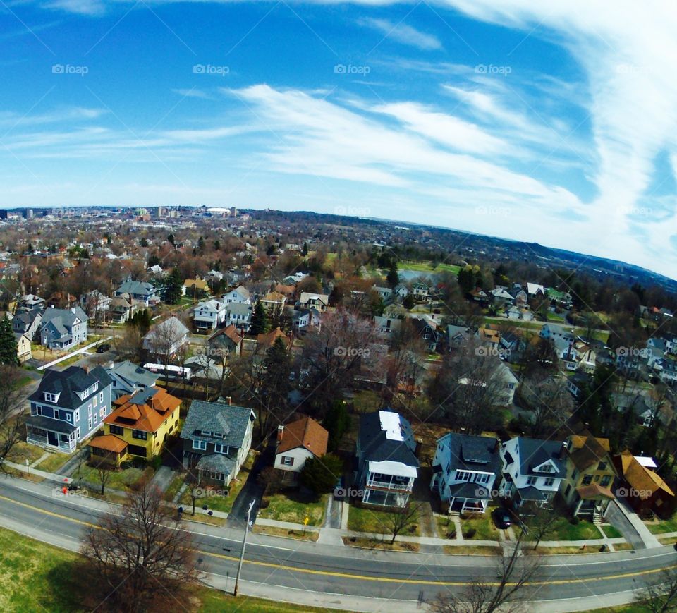 View from above. This is a birds eye view from a drone in a small town.