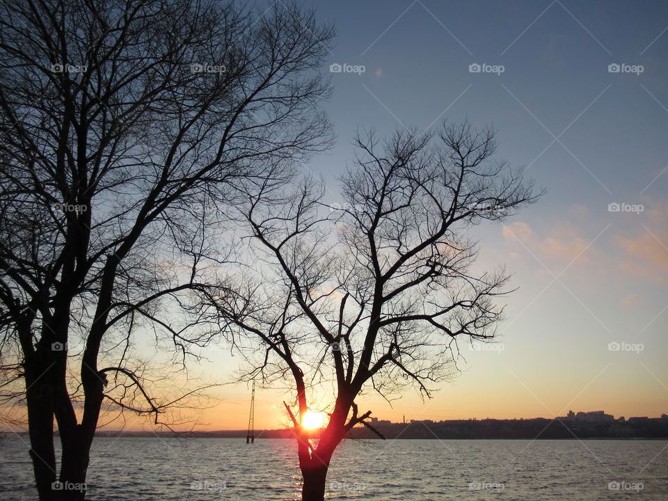 sunset in December in Voronezh on the reservoir