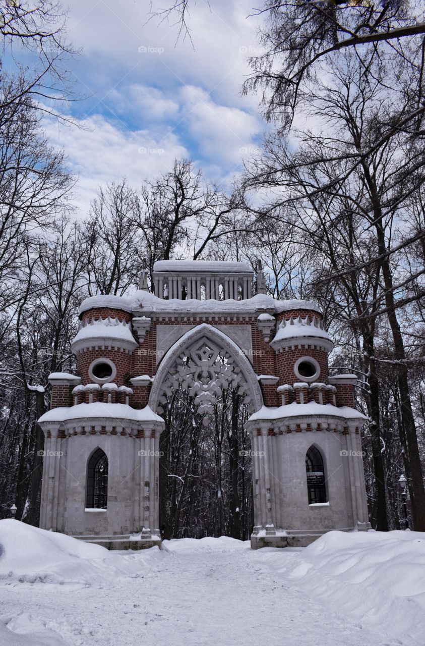 architecture Moscow, sky,nature Tsaritsyno Park. architecture. winter.  winter landscape