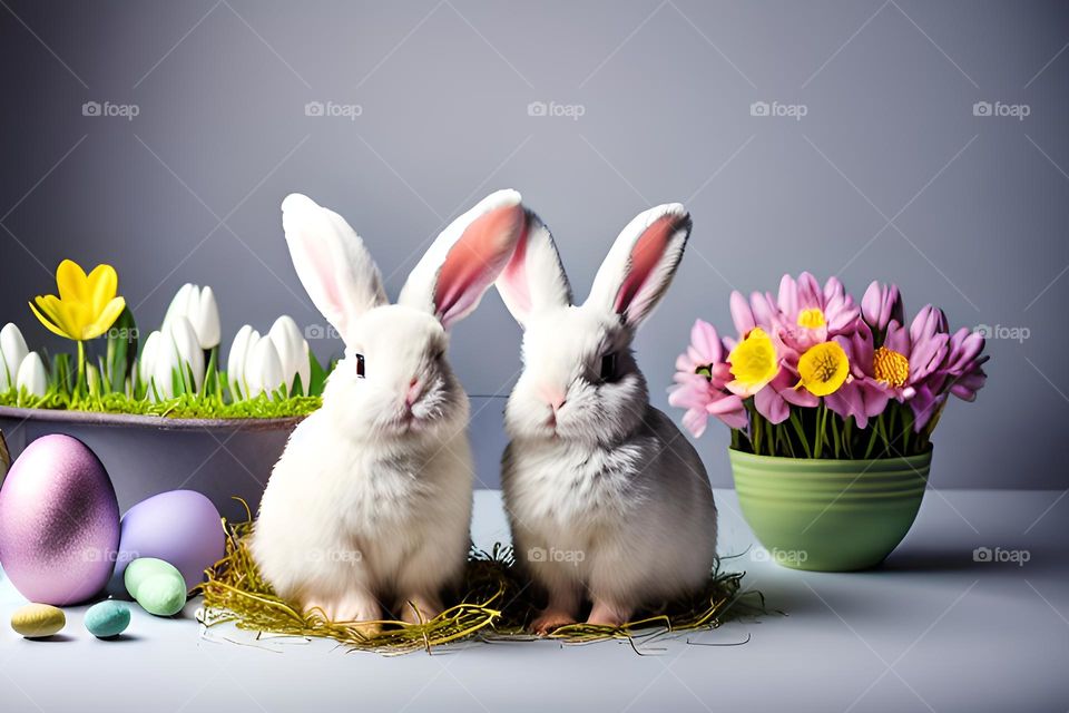 Easter, Easter feast, Easter eggs, colored eggs, Spring, Egg, white rabbit