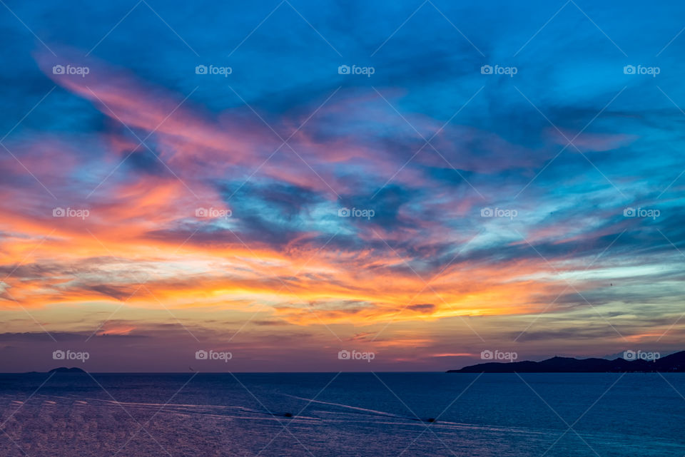 Beautiful sunset scene in twilight moment at the famous Phattaya bay Thailand