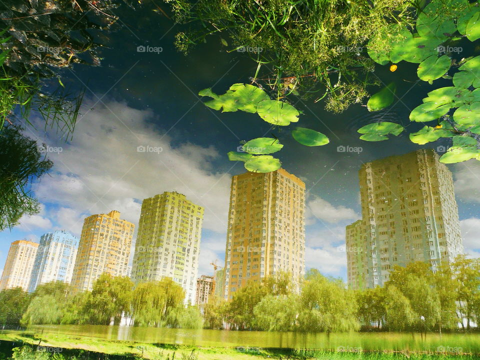 mirror image of houses in the lake of the park of the city of Kiev