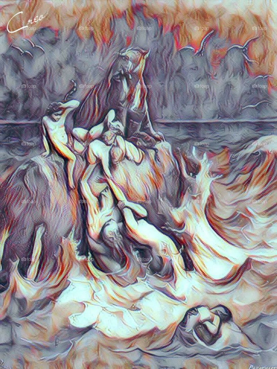 It's by Gustave Doré, usually considered a master engraver, this image is a powerful depiction of the doomed men and beasts in the story of Noah's Ark trying desperately and futilely to save their children.