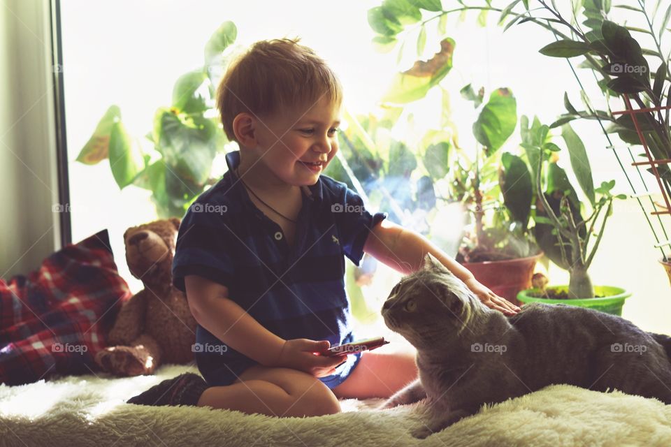 boy playing with a cat