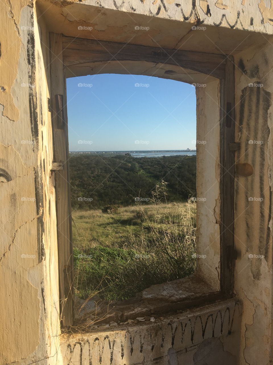 Landscape through old window 