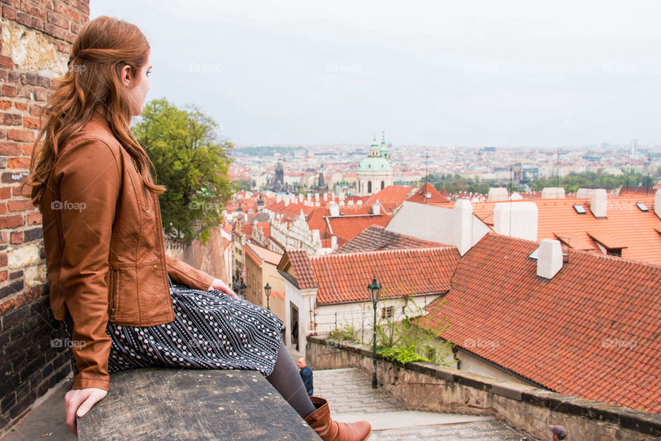 Woman and the Prague skyline 