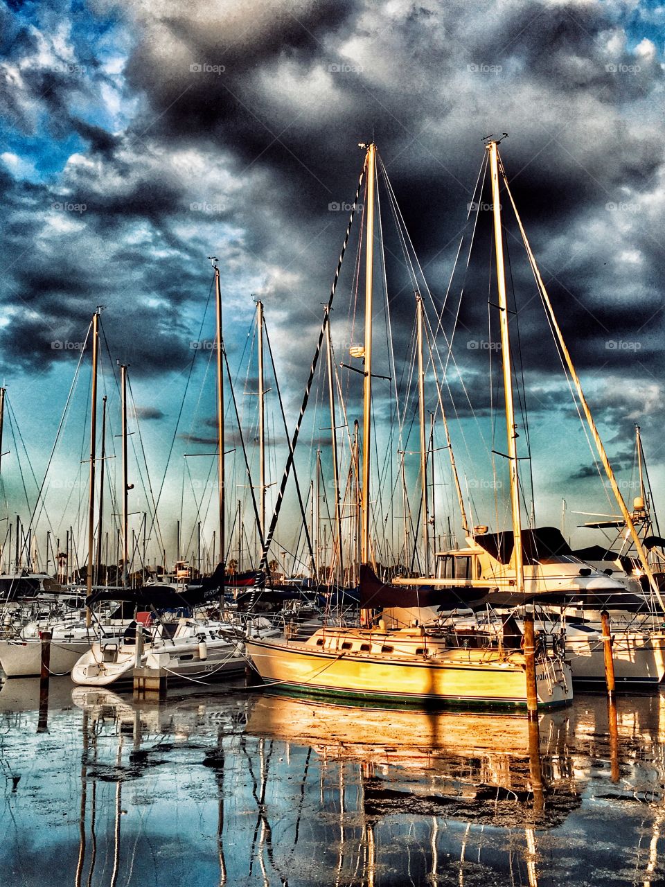 Incredible reflections of moored sailboats at Florida marina. 