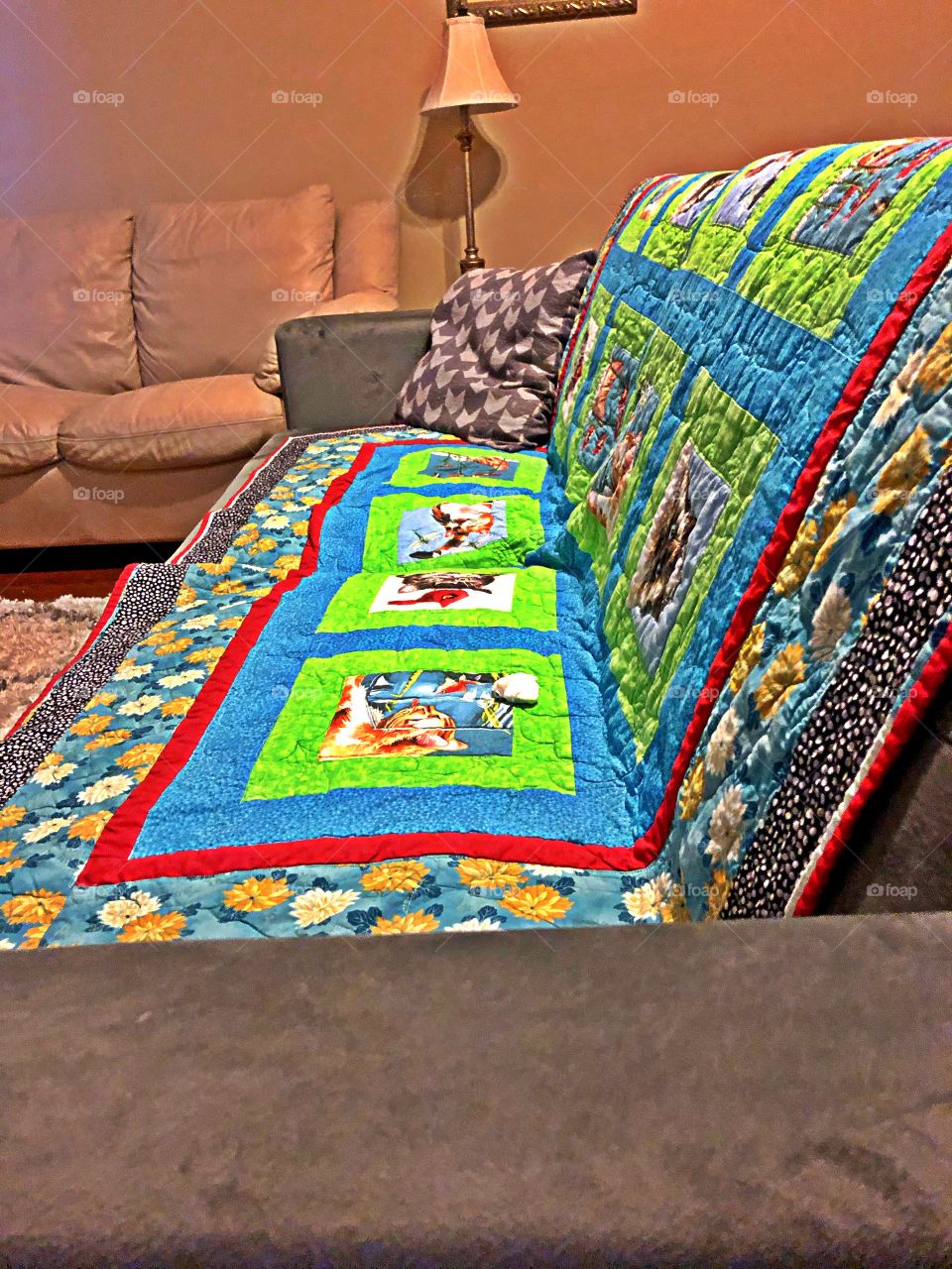 Quilt on living room couch