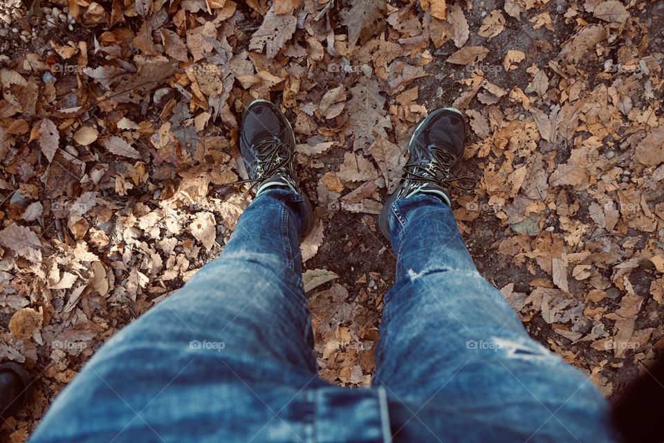 Feet Standing In A Pile Of Leaves, ASICS Running Shoes In The Park, Looking Down Self Portrait 