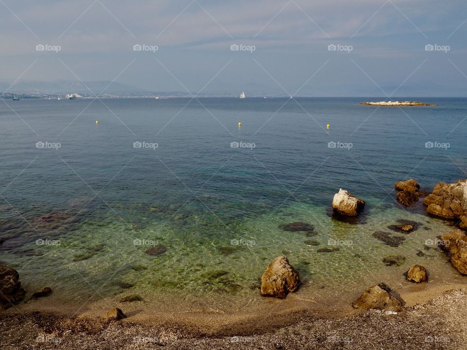 Scenic view of the blue water off the coast of Antibes in the south of France.