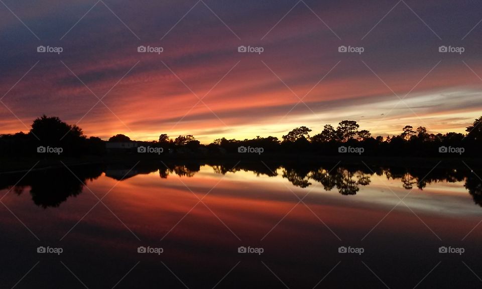 Florida's Pond Sunset Red Sky Reflection