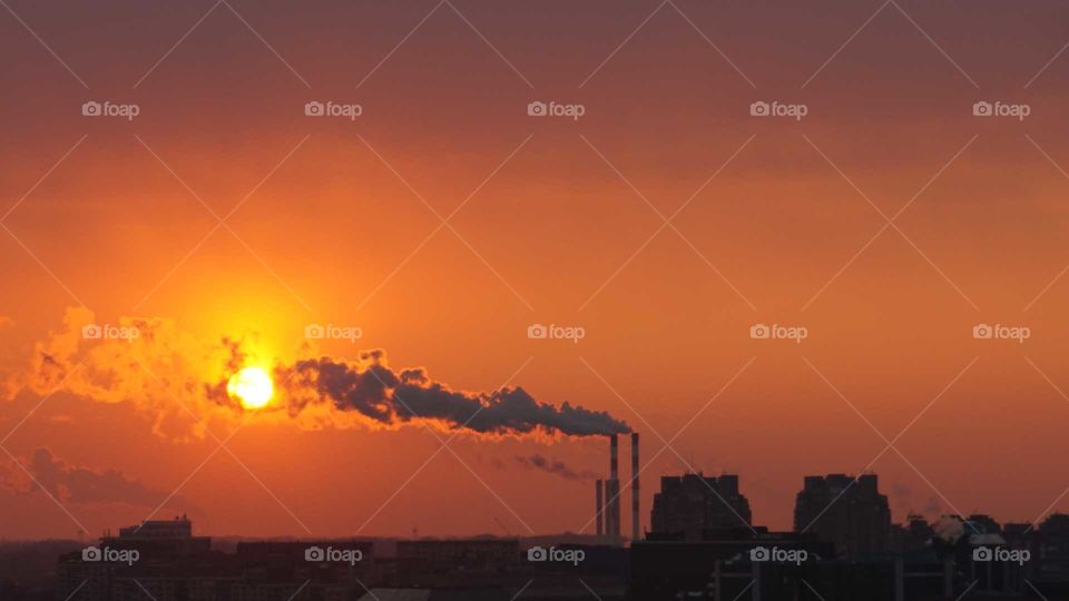 Belgrade smokestacks at sunset