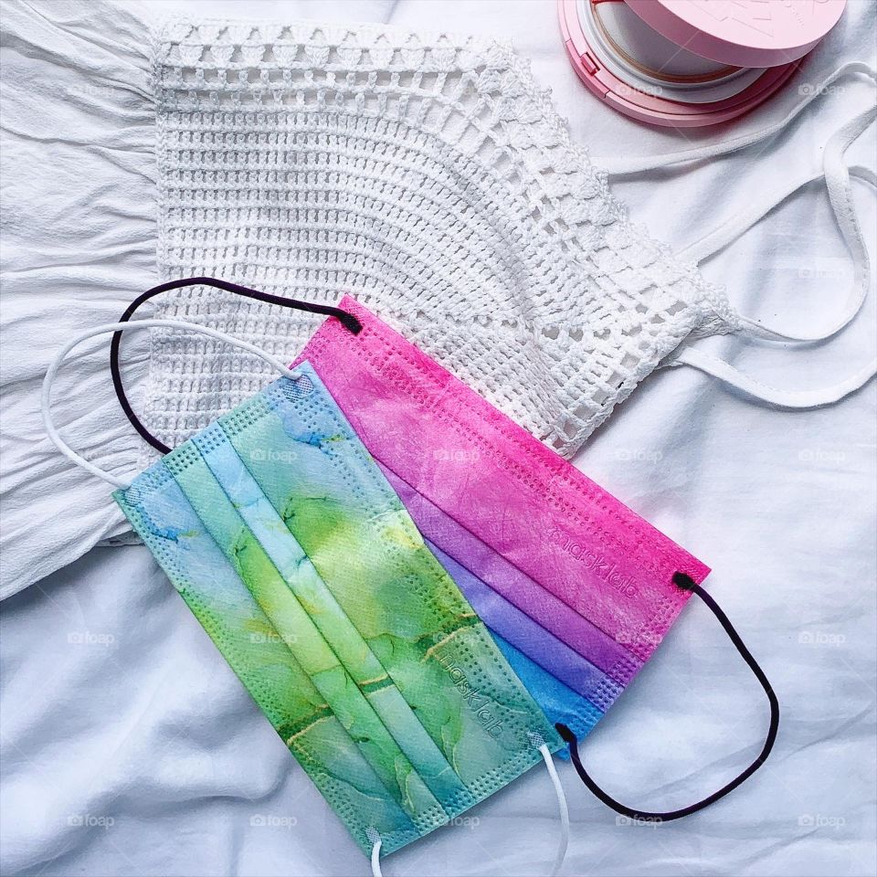 Disposable surgical mask in rainbow ombré and green twilight colours 