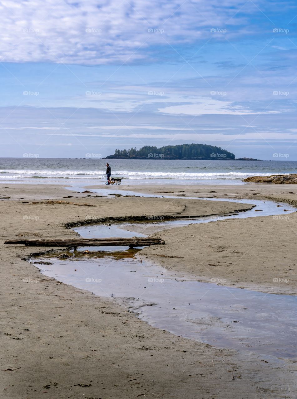 Man walking his dog on a scenic ocean backdrop with steam of water winding onto shore - Tofino, British Columbia, Canada 