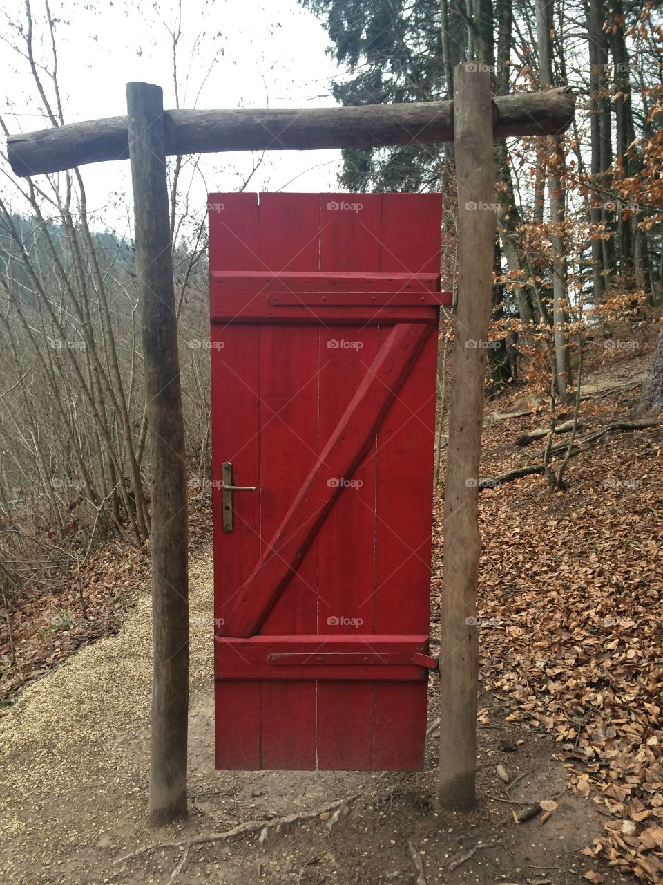 Red door in the nature.