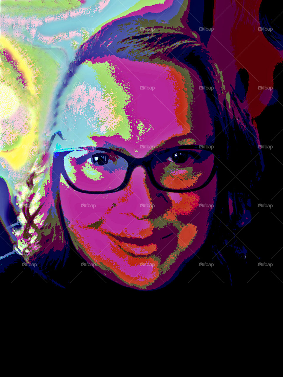 Clash of Colours: Colourful selfie created using desktop tool & techniques. Shadows & highlights were coloured with contrasting colours to create a painted appearance while maintaining the light balance of the photo. 