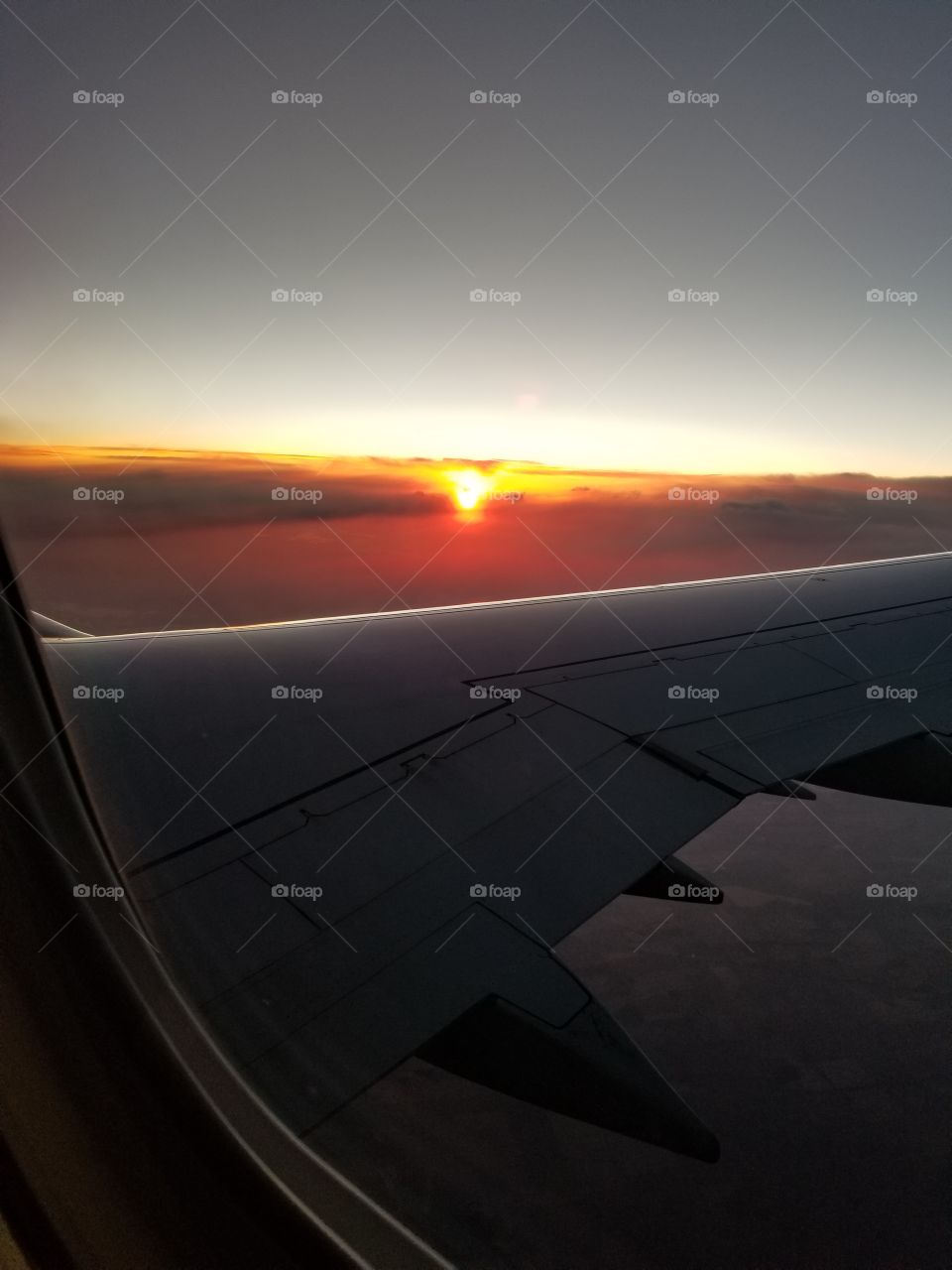 Sunset over plane wing