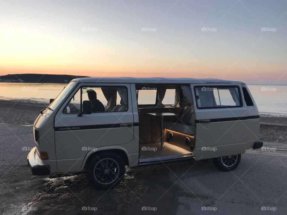 Sunset with the VW Camper in beautiful Wales. 