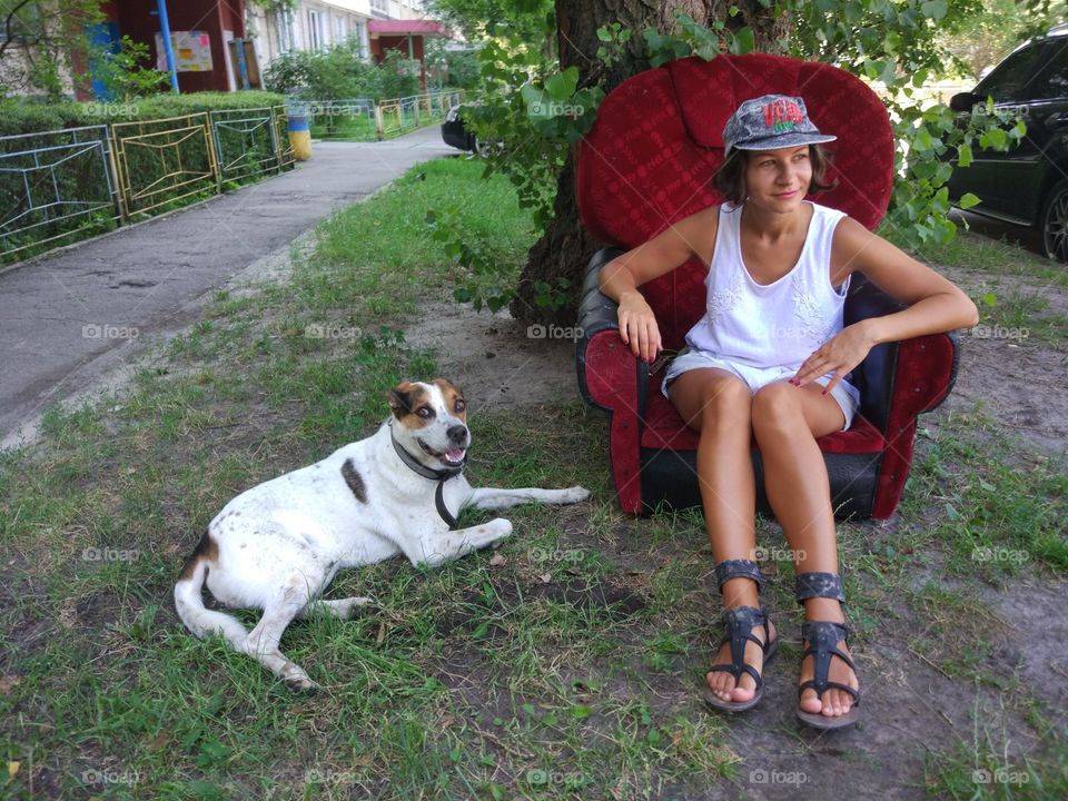 Brunette with funny dog