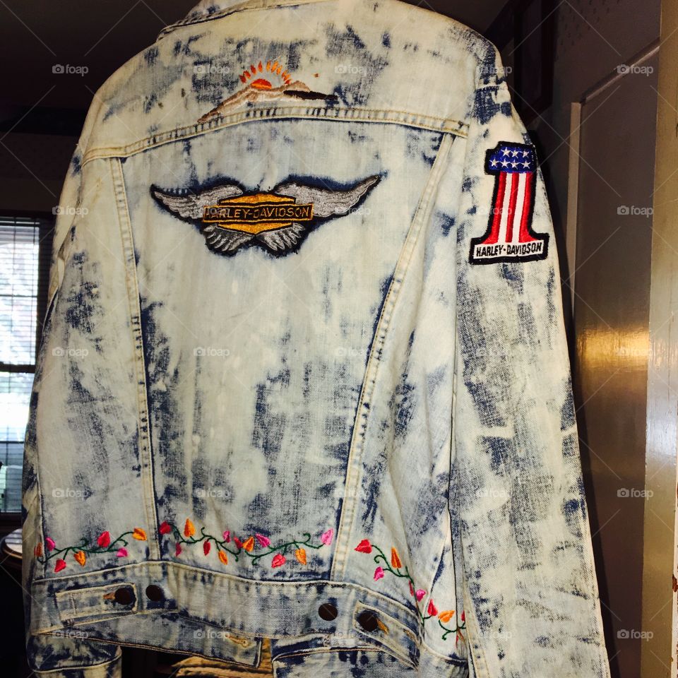 Vintage Harley Davidson Denim embroidered jacket. Bleached, decals!