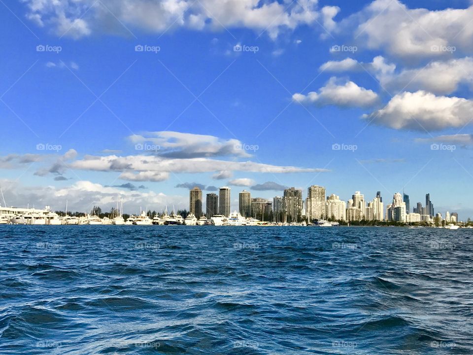 Gold Coast Broadwater by boat. Looking back at our home as we drift away with the tide. 