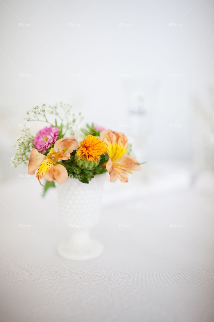 Shallow depth of field on wedding bouquet of flowers 