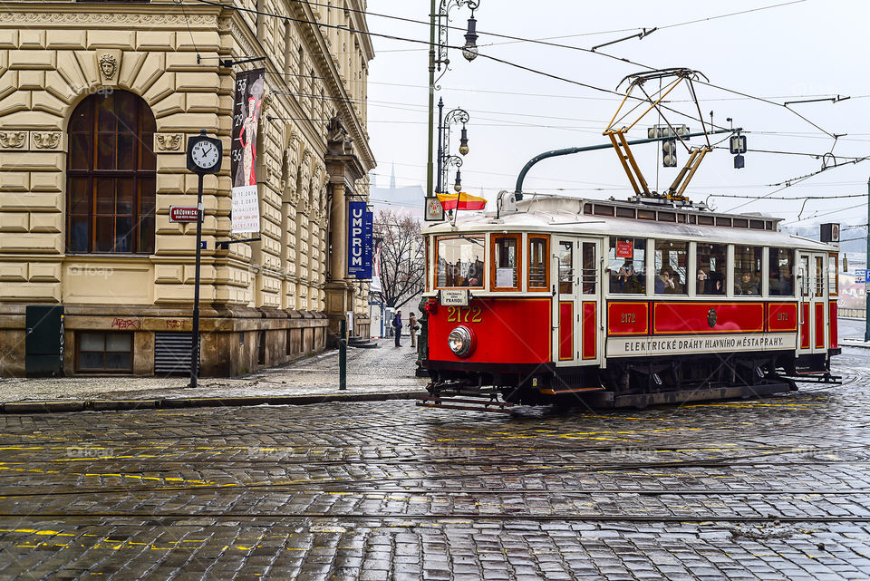 Old touristic tram in Prague, Czech Republic