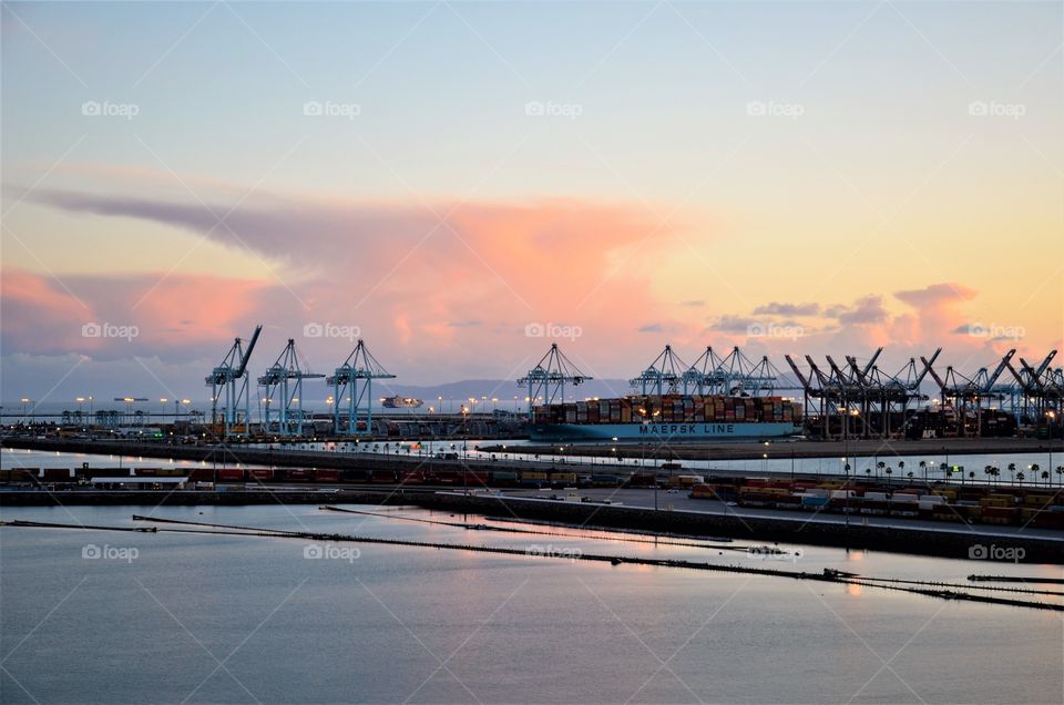Sunset over the Long Beach port.