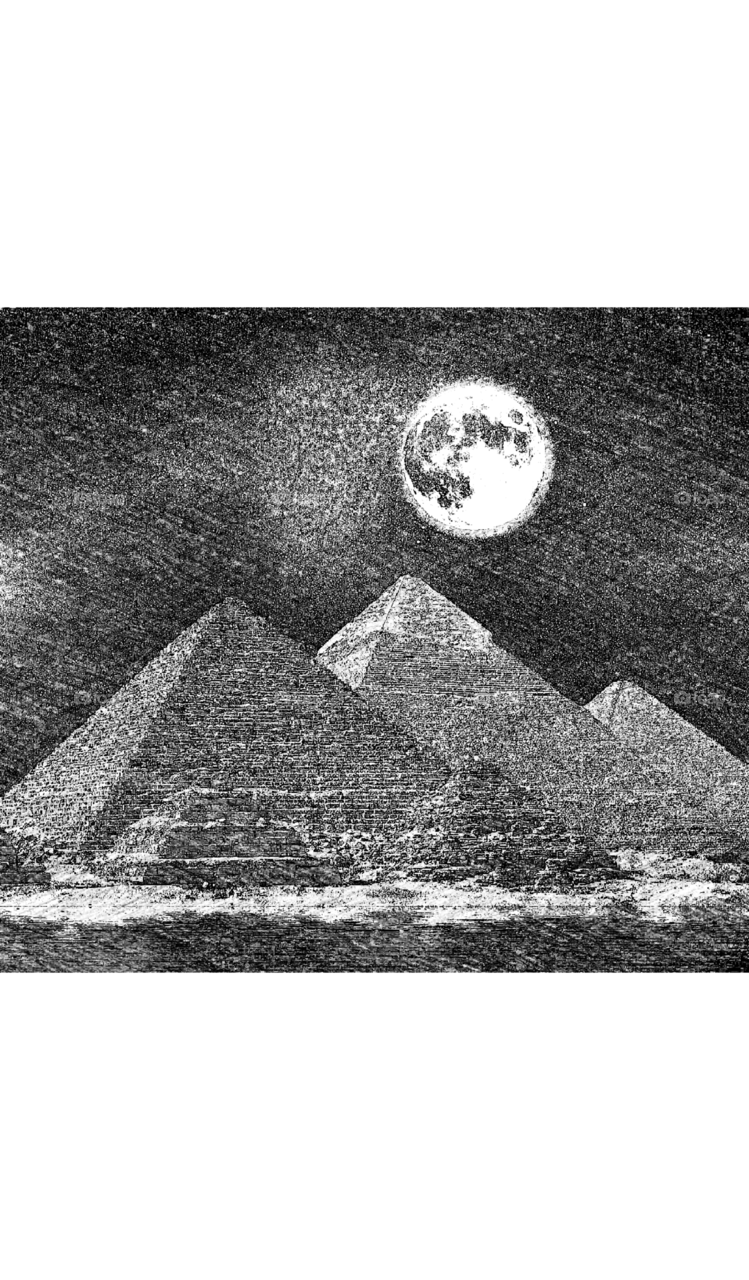 Sketch of moon over pyramids