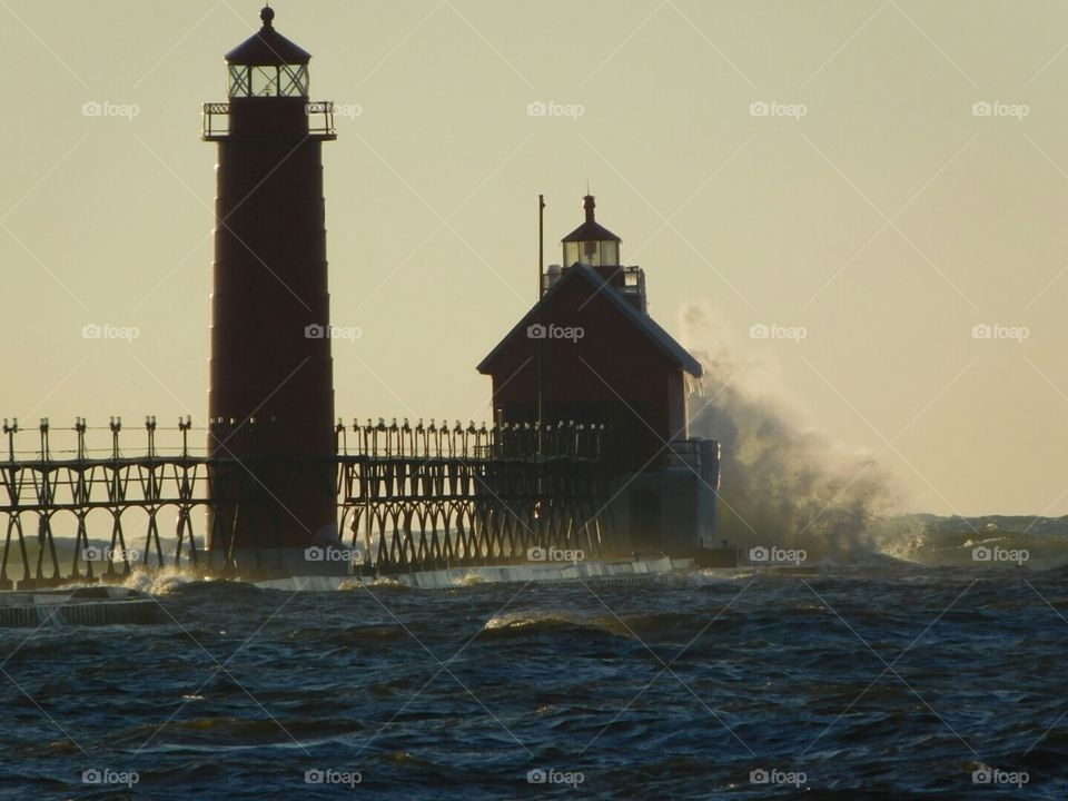 Grand Haven, Mi. Lighthouse. dusk on a windy day