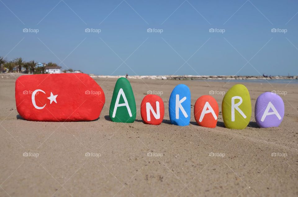 Ankara and turkish flag on stones