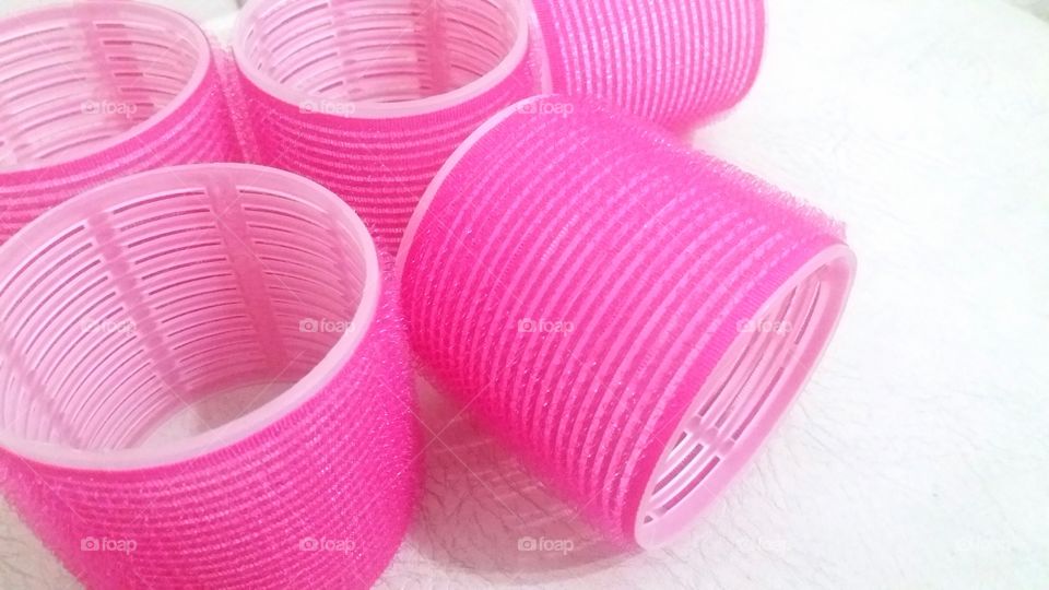 Close-up of pink hair curler