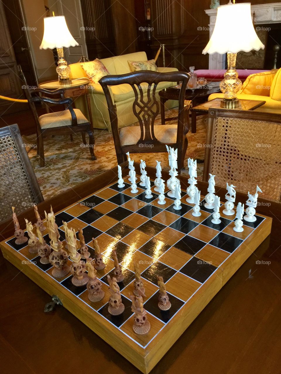 Antique chess board in sitting room at Filoli House and Gardens in Woodside, California.