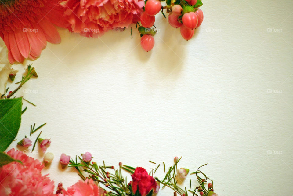 Spring, flowers, floral border, flower border, flat lay, white paper, wooden background, pink flowers and leaves, carnations, landscape orientation
