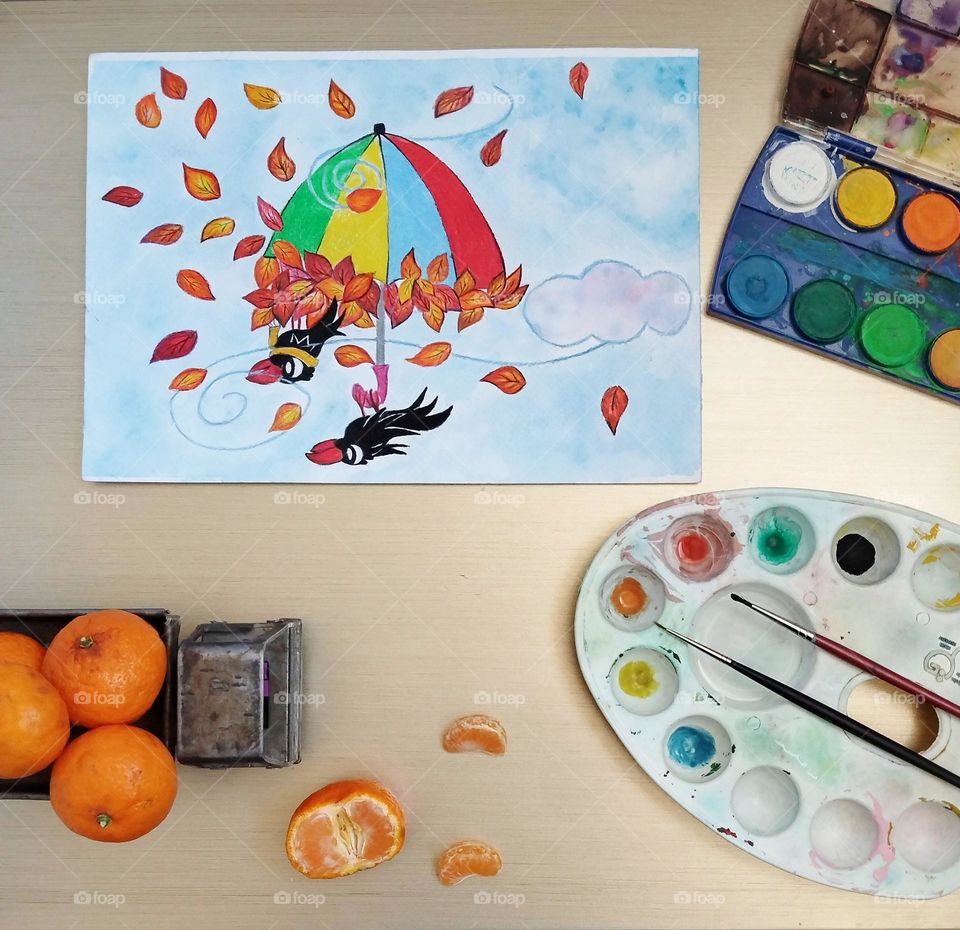 I arrange my artistic desk with love and  entrust my passionate brush in watercolor hopefully to create a design full of words .