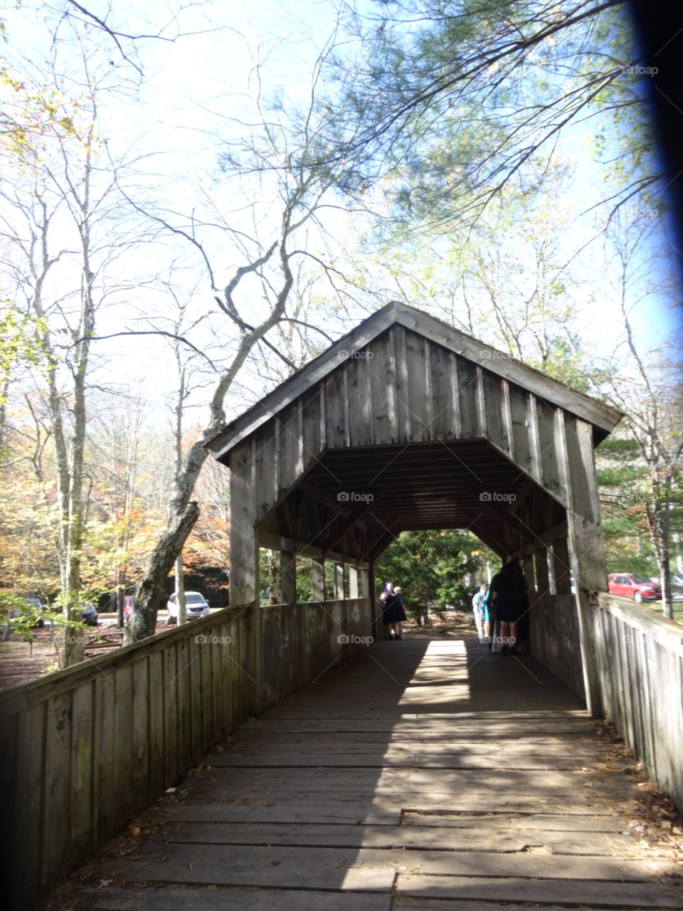 A covered bridge on a park trail in Connecticut.
