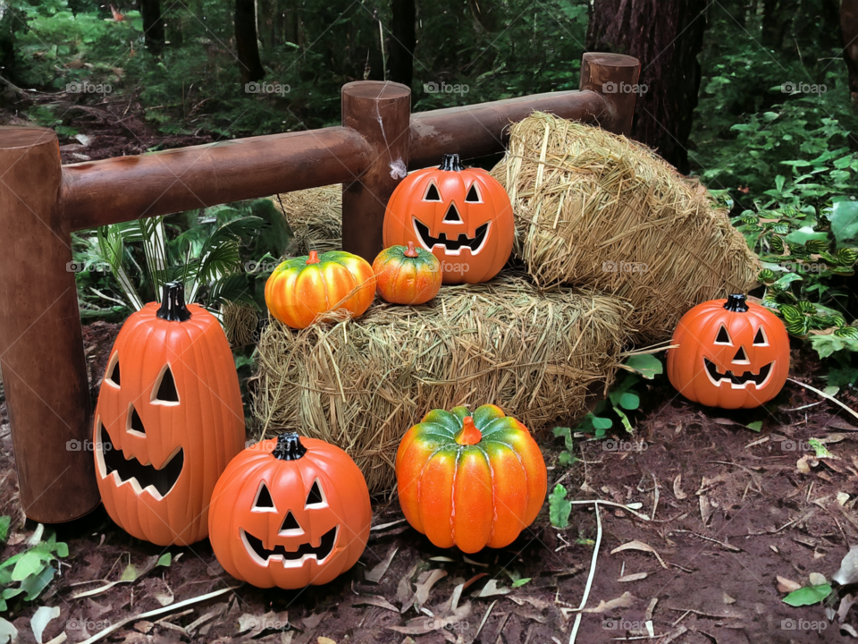Halloween display of jack-o'-lantern pumpkins on straw bales.